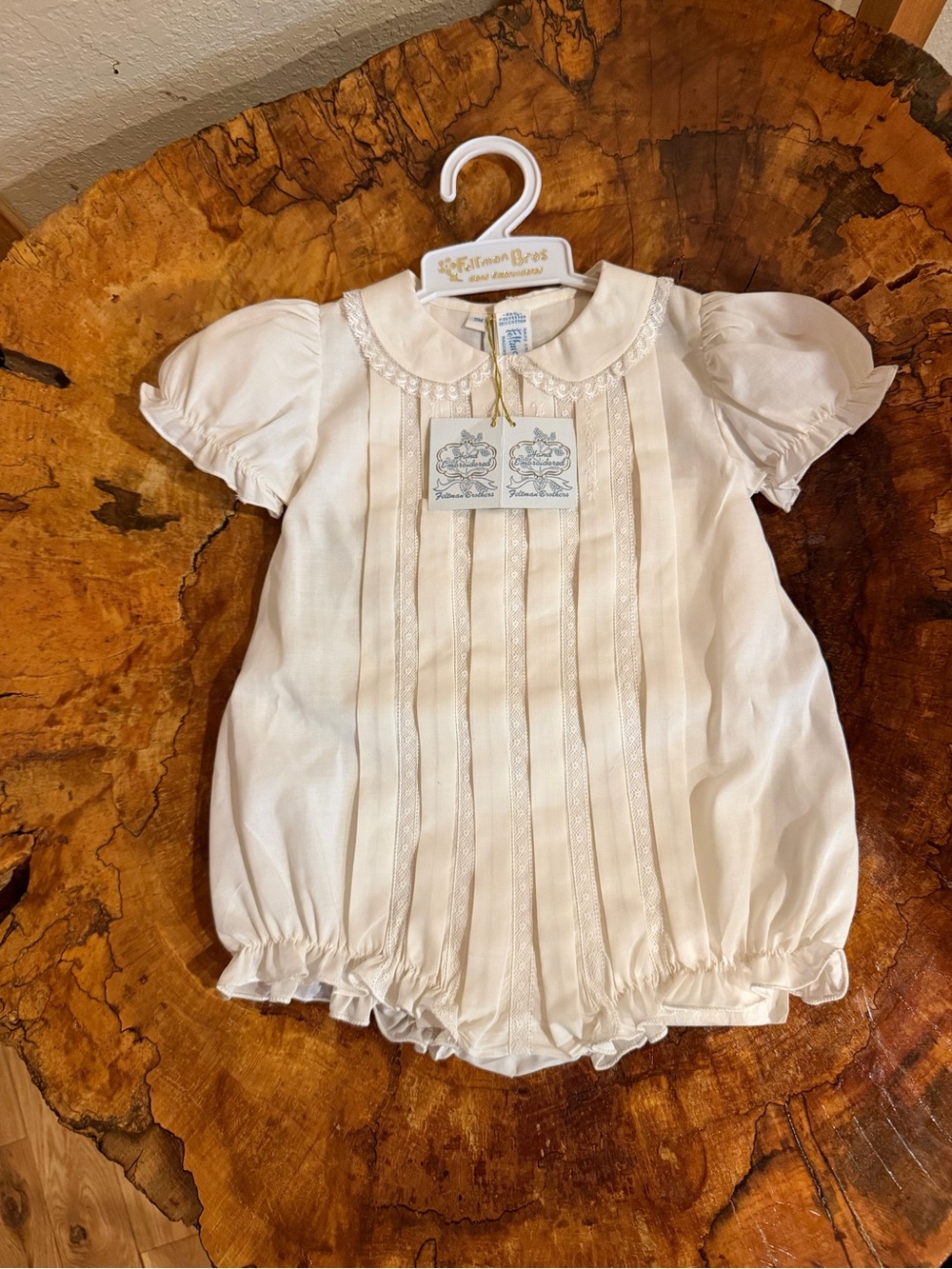 Cream Heirloom Romper Bubble Lace Pin Tucks Feltman Brothers NWT - 9 months